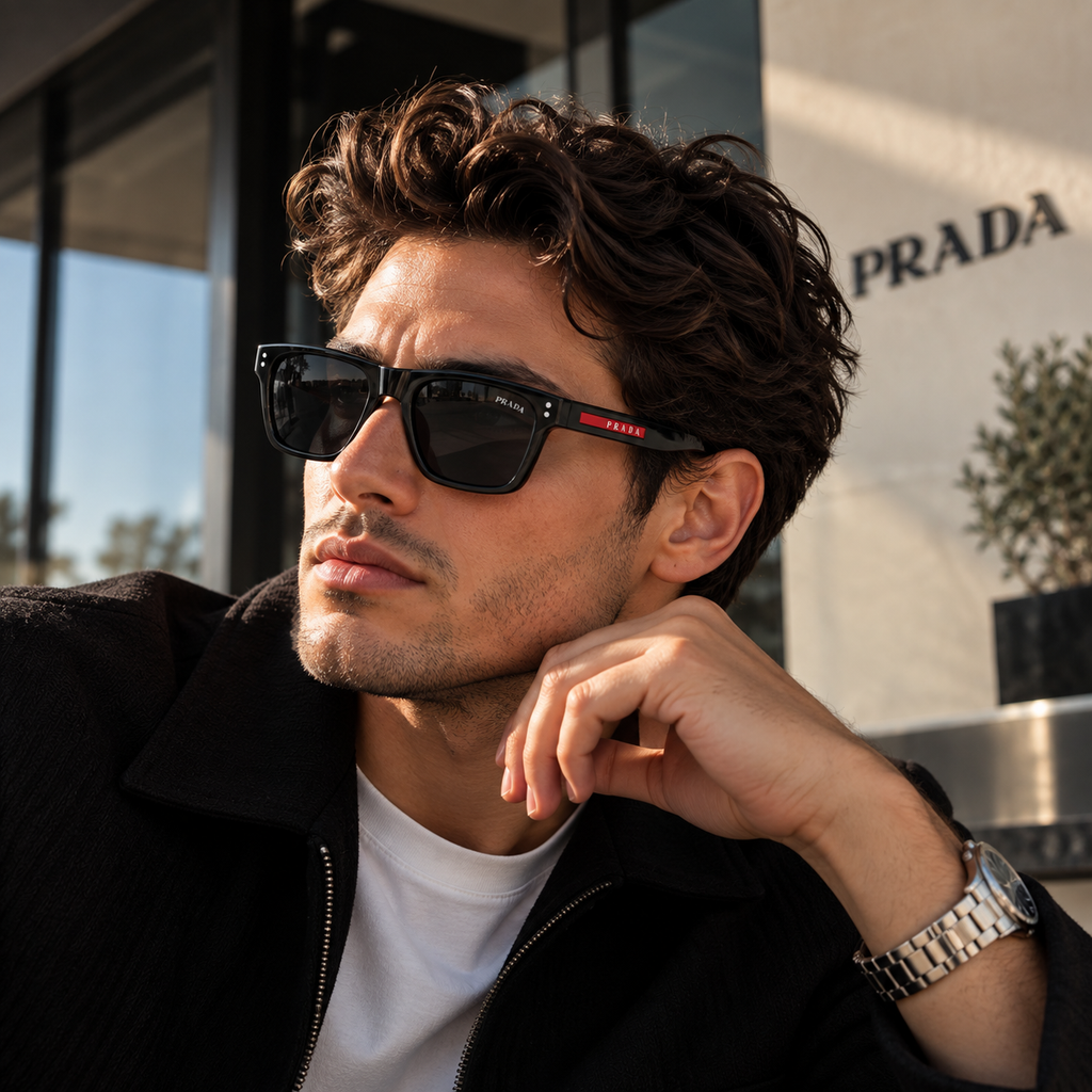 Prada Black & Red Square Sunglasses – Red Logo Plaque