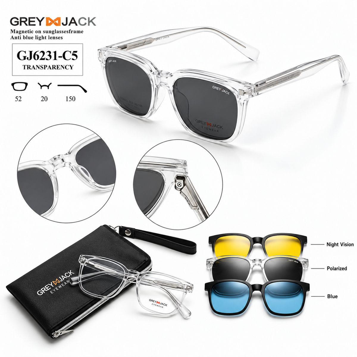 Grey Jack GJ6231 Magnetic Clip-On Sunglasses – 6 Colours