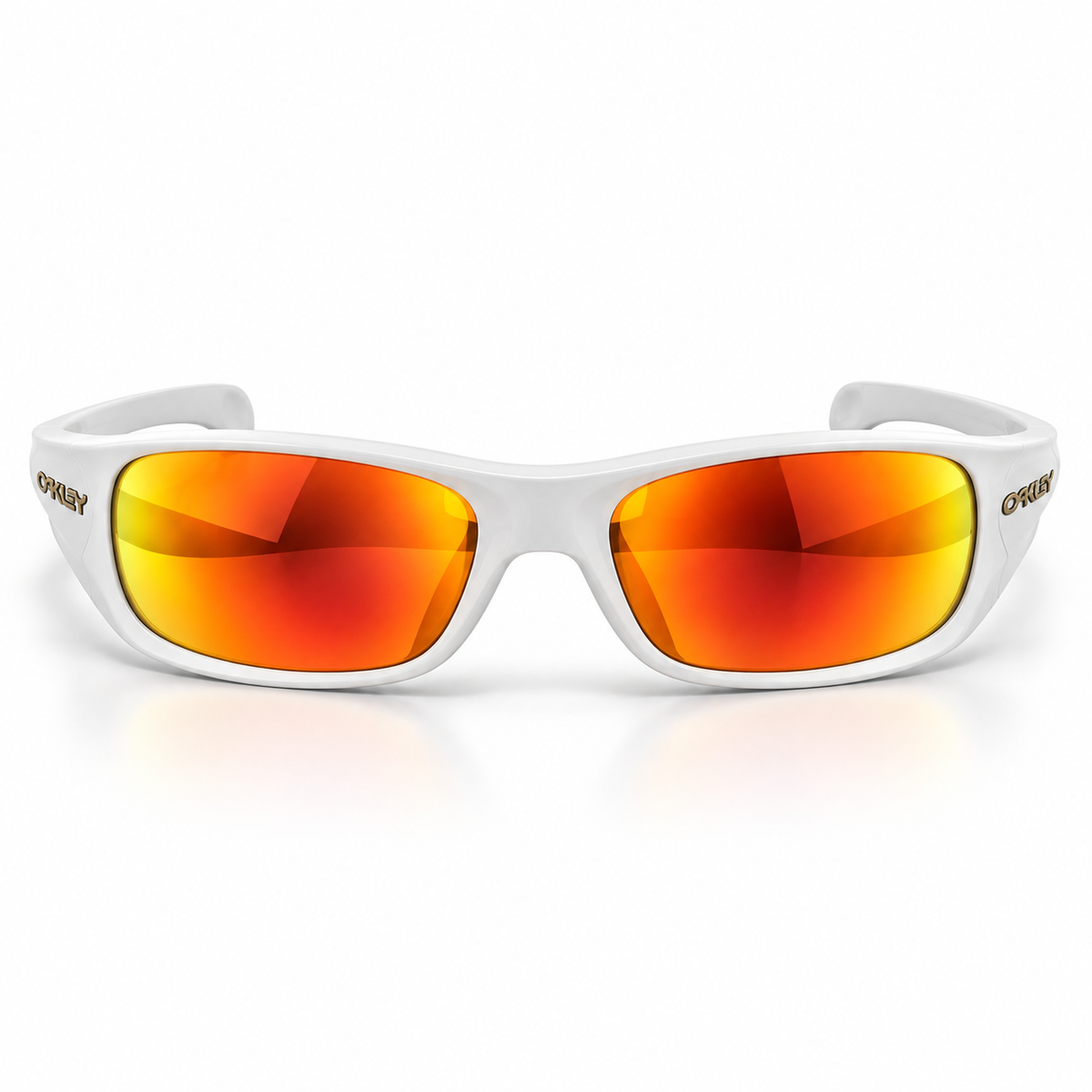Oakley Wraparound Sunglasses – White Frame with Orange Mirrored Lenses | Unisex