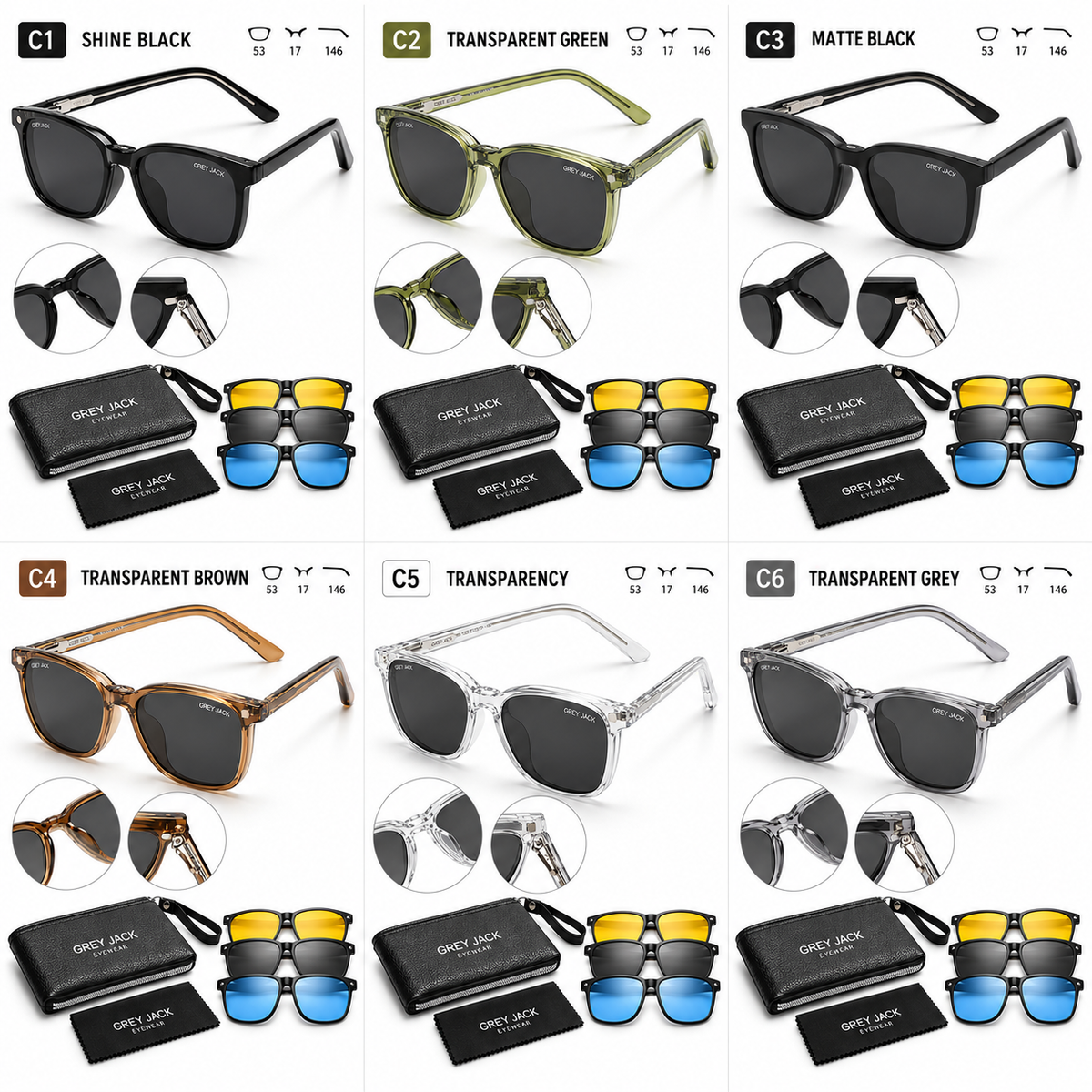 Grey Jack GJ6236 Magnetic Clip-On Sunglasses – 6 Colours