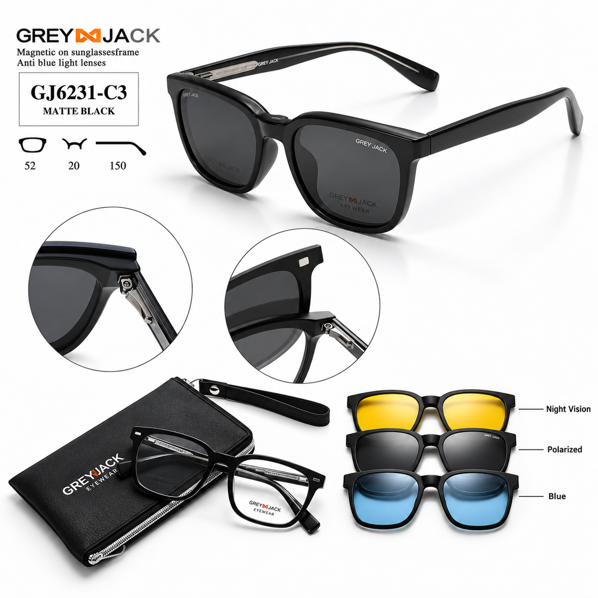 Grey Jack GJ6231 Magnetic Clip-On Sunglasses – 6 Colours