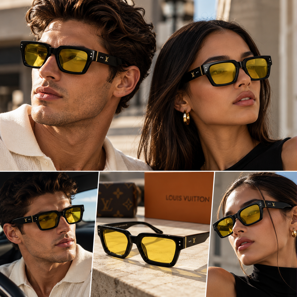 Louis Vuitton Black & Gold Square Sunglasses – Yellow Lenses