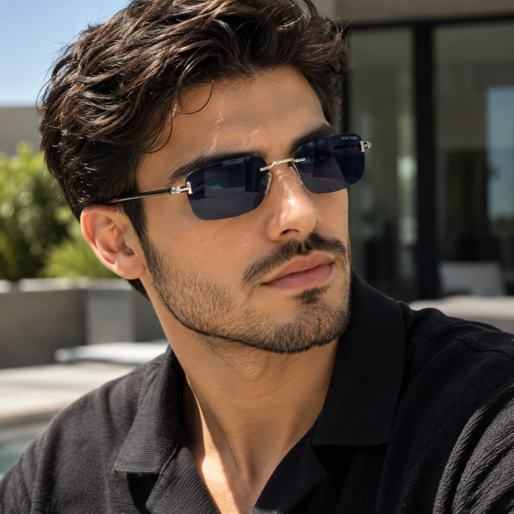 Tom Ford Rimless Rectangular Sunglasses – Silver & Dark Blue Unisex