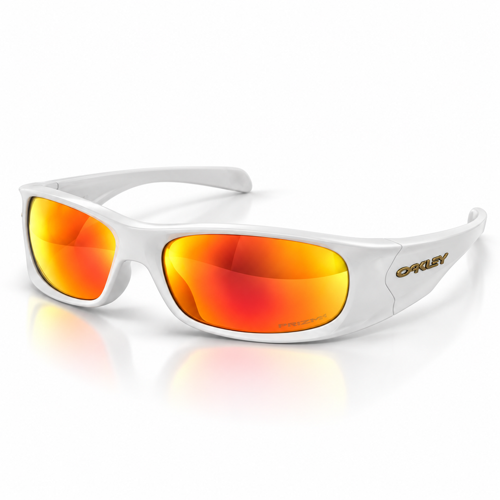 Oakley Wraparound Sunglasses – White Frame with Orange Mirrored Lenses | Unisex