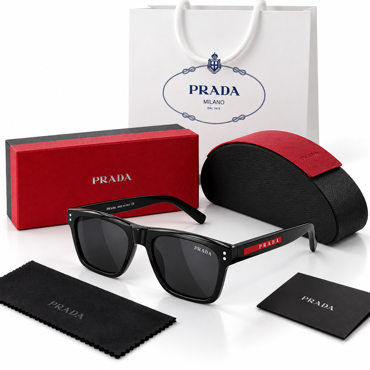 Prada Black & Red Square Sunglasses – Red Logo Plaque