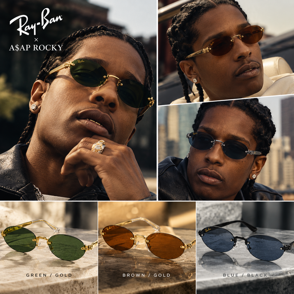 Ray-Ban RB3929 By A$AP Rocky Rimless Oval Sunglasses