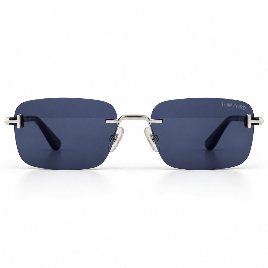 Tom Ford Rimless Rectangular Sunglasses – Silver & Dark Blue Unisex