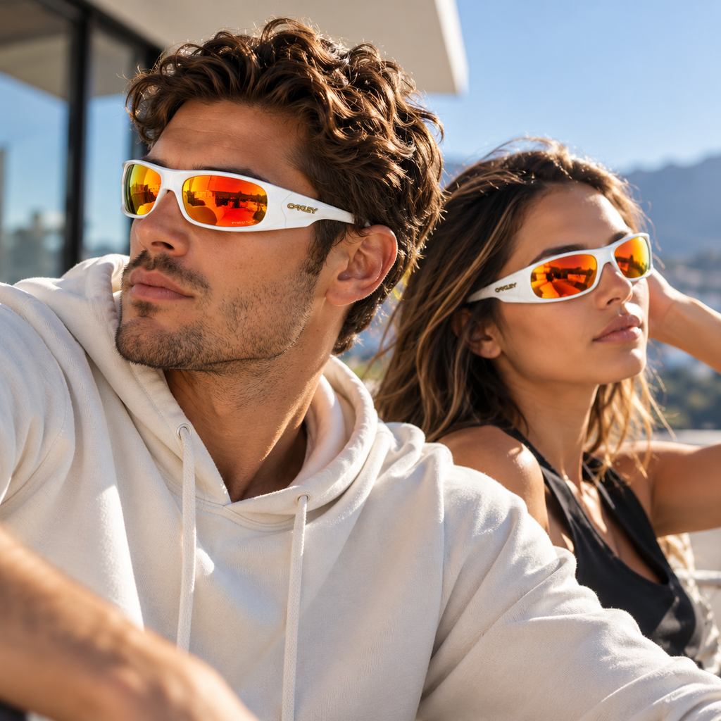 Oakley Wraparound Sunglasses – White Frame with Orange Mirrored Lenses | Unisex