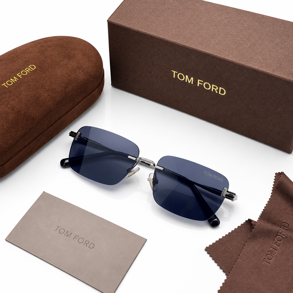 Tom Ford Rimless Rectangular Sunglasses – Silver & Dark Blue Unisex