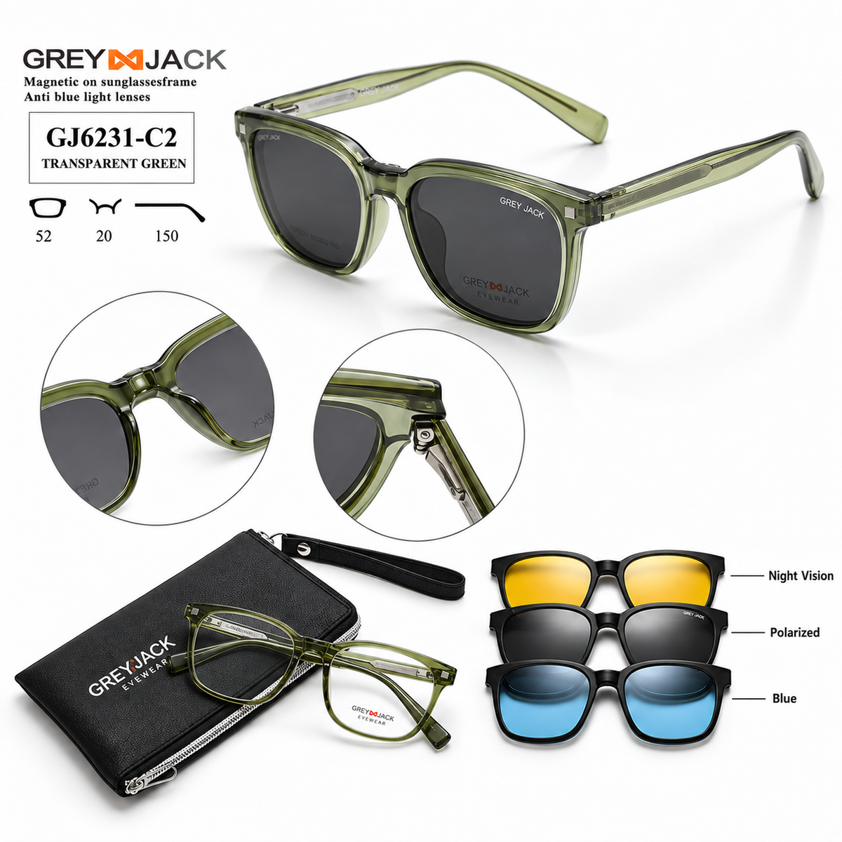 Grey Jack GJ6231 Magnetic Clip-On Sunglasses – 6 Colours