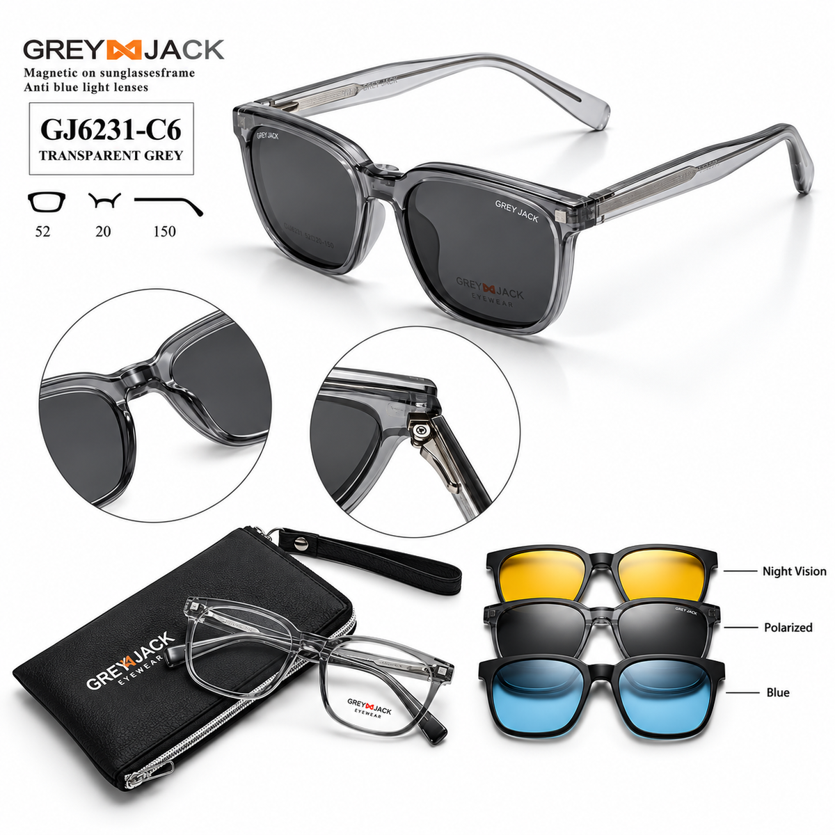 Grey Jack GJ6231 Magnetic Clip-On Sunglasses – 6 Colours
